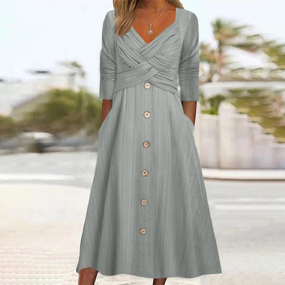 V-neck Cross Button Casual Dress Women