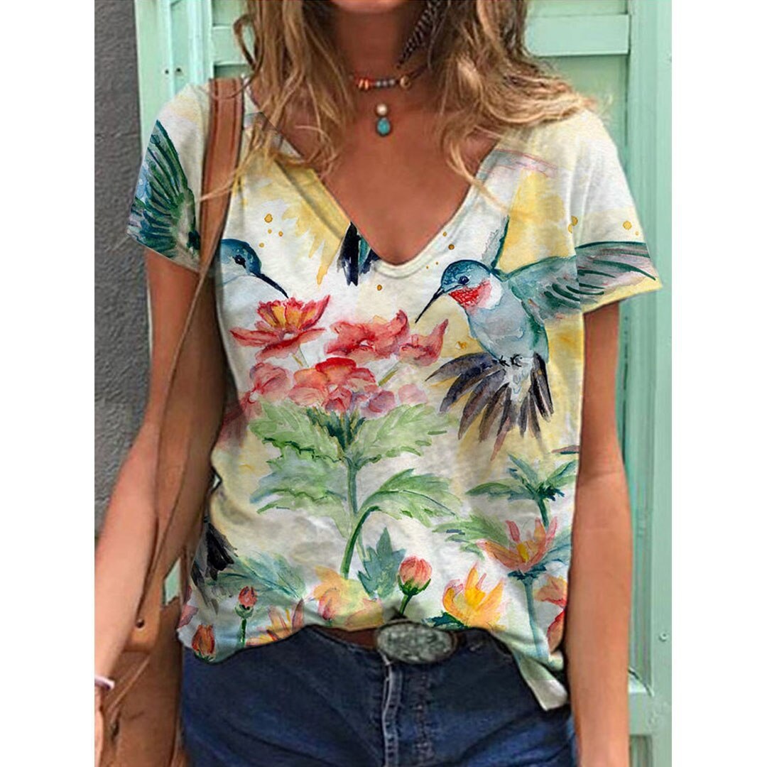 Women's Printed Short-sleeved T-shirt V-neck Loose Top