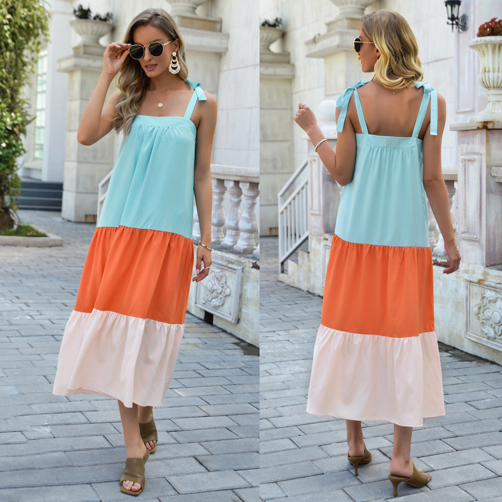 Bohemian Style Cool Contrast Color Pleated Dress