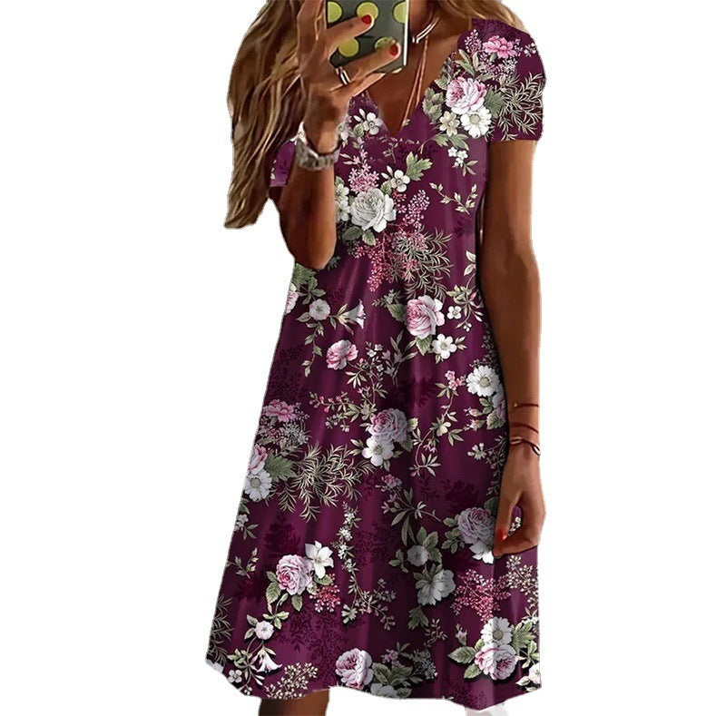 Plant Flower Printed V-neck Loose Women's Dress