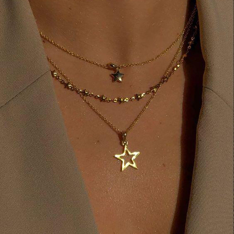 Hollow Pentagram Pendant Necklace Creative Personality Retro Multi-layer Twin Clavicle Chain