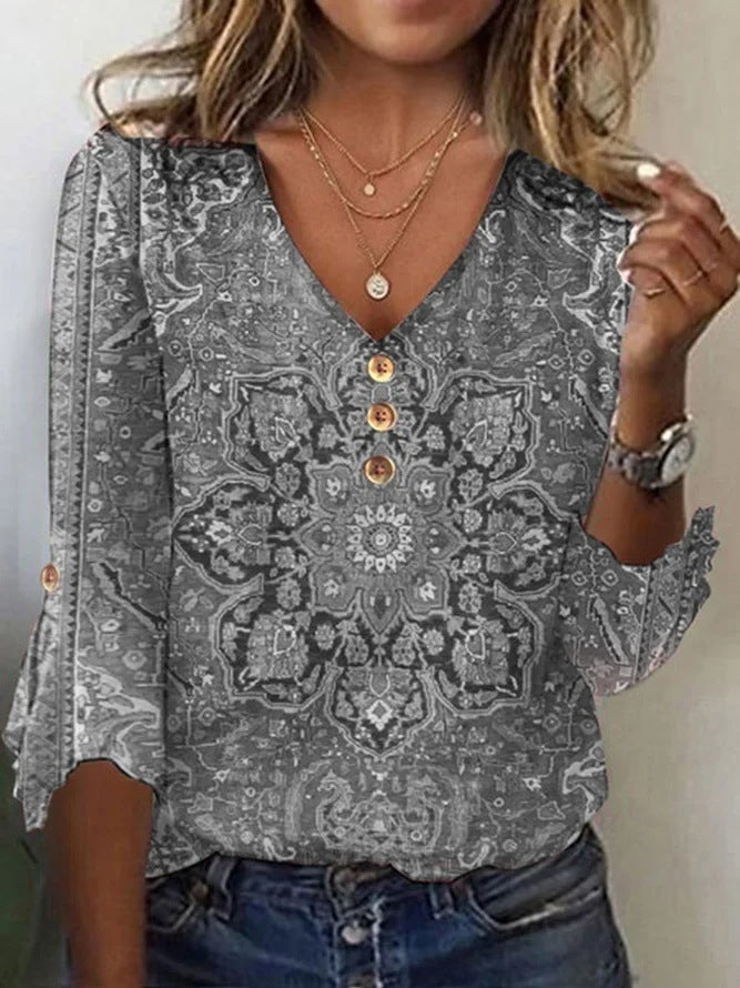 V-neck Flared Sleeves Printed T-shirt Top