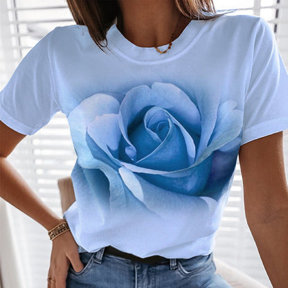 Fashion Rose 3D Printed T-shirt Round Neck Slim Fit