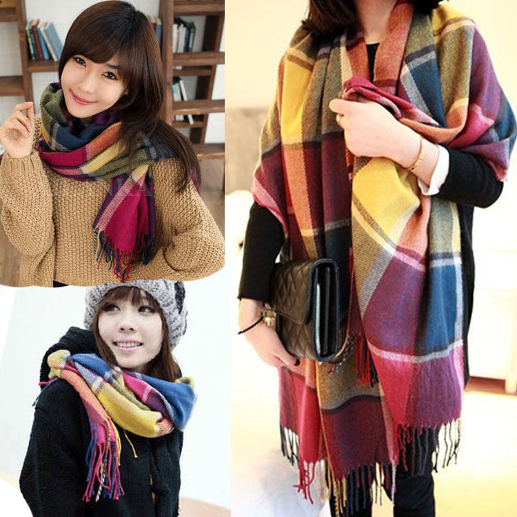 Colorful Extra Long Thick Tassel Plaid Scarf