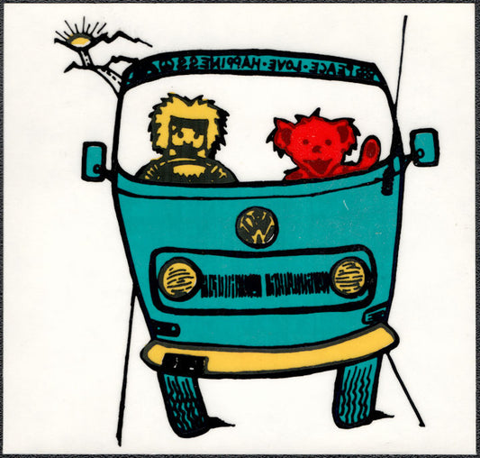 Grateful Dead Window Sticker/Decal - A Bear and Man in a VW Bus with Peace, Love, Happiness