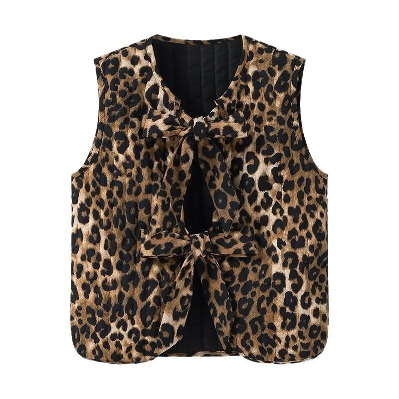 Corduroy Leopard Bow Lace Up Slim Fit Vest Top