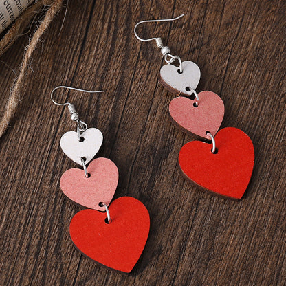 Valentine's Day Handmade Heart-shaped Gradient Color Love Heart Double-sided Wooden Earrings