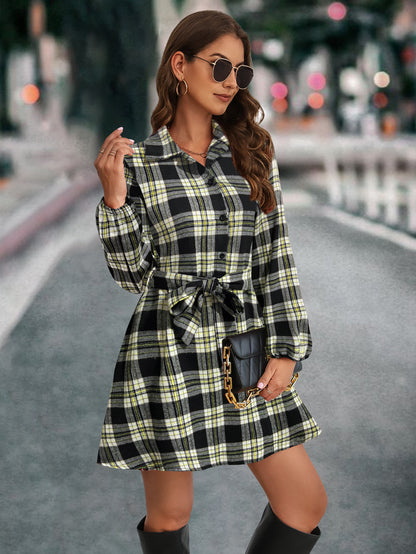 Women's Lantern Sleeve Plaid Shirt Dress