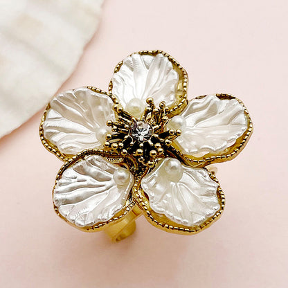 Stainless Steel Metal Coral White Crystal Zircon Flower Ring