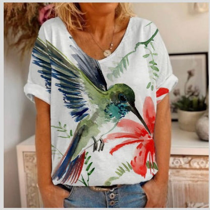 Women's Printed Short-sleeved T-shirt V-neck Loose Top