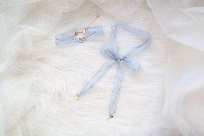 Sweet Accessory Gray Blue Lace Ribbon Pearl Choker Necklace