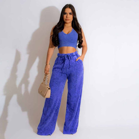 Fashion Women's Sleeveless Blouse Elastic Waist Wide Leg Pants Suit