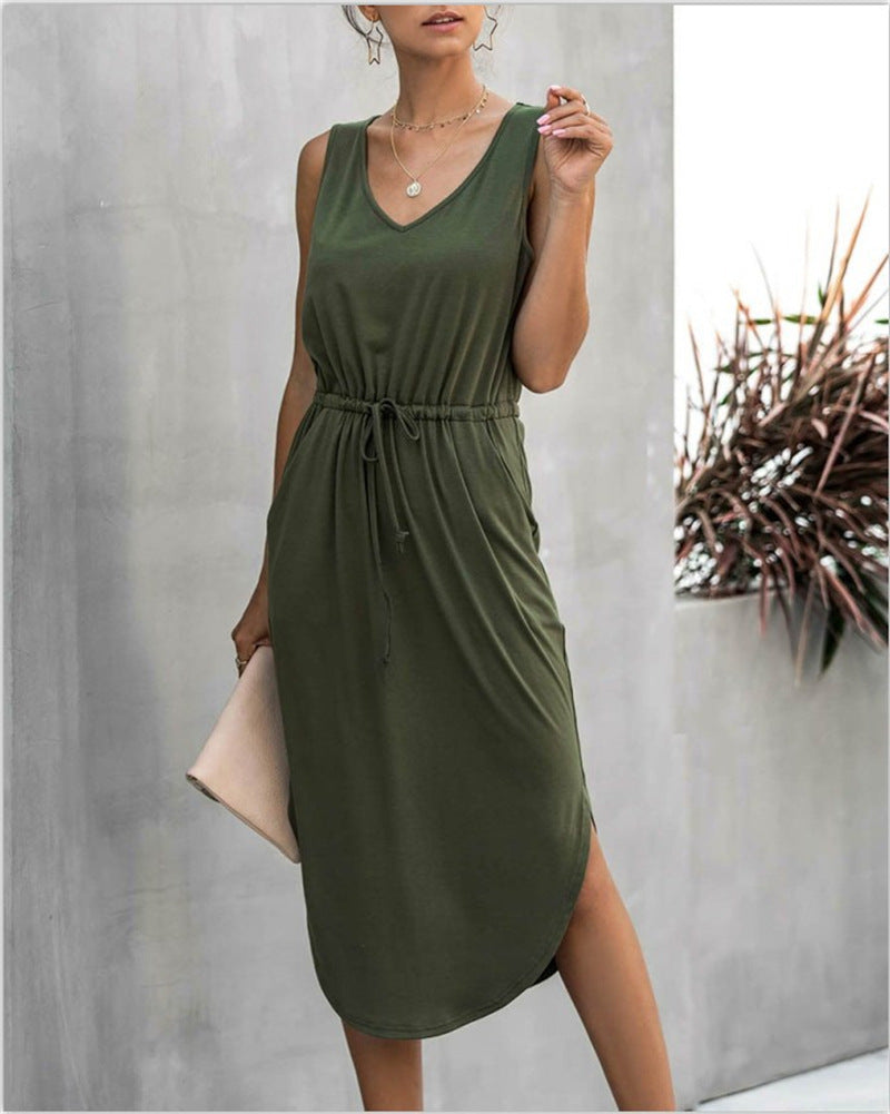 Irregular Cinched Round Neck Vest Dress