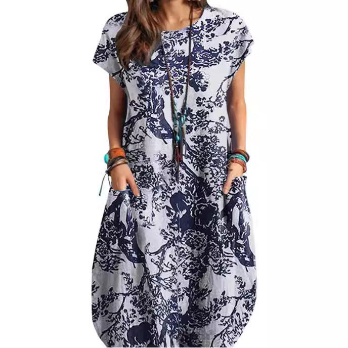 Women's Printed Crew Neck Casual Temperament Short Sleeve Dress