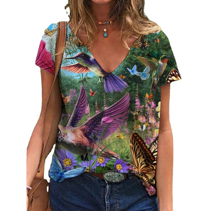 Women's Printed Short-sleeved T-shirt V-neck Loose Top