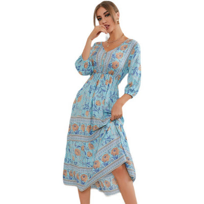 Women's Bohemian Dress V-neck Elastic Waist 34 Sleeve New Printed Dress