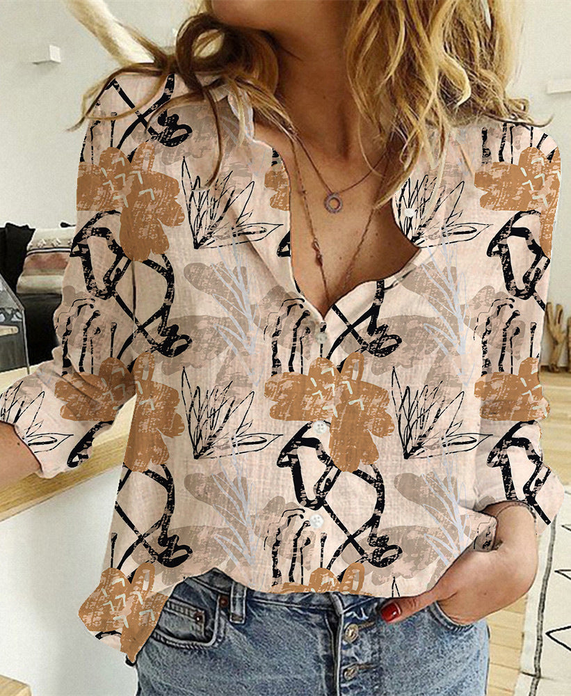 Women's Digital Printing Lapel Long Sleeve Shirt