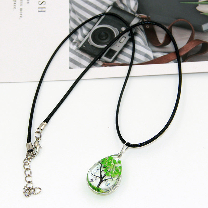 Handmade Lucky Tree Four-leaf Clover Dandelion Mori Girl Dried Flower Leather String Necklace