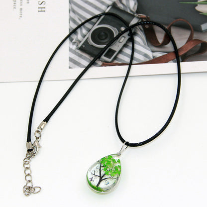 Handmade Lucky Tree Four-leaf Clover Dandelion Mori Girl Dried Flower Leather String Necklace