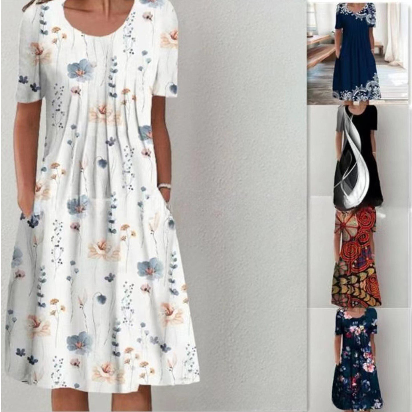 Printed Round Neck Short Sleeve Plus Size Printed Dress