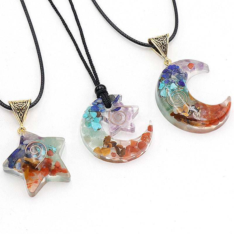 Natural Crystal Gemstone Epoxy Resin Carat Star Moon Necklace