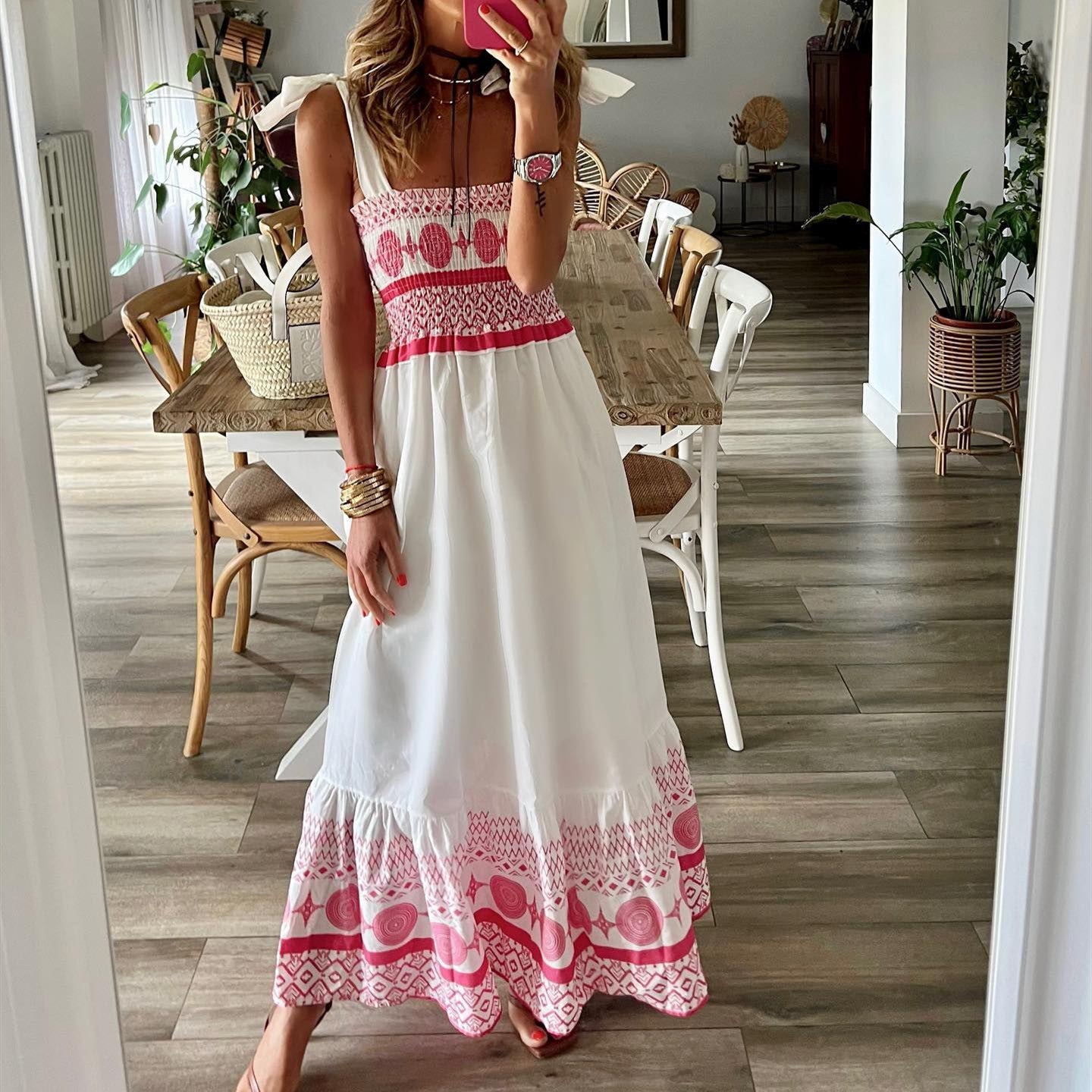 Women's Lace Up Printed Elastic Long Dress