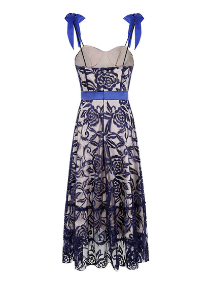 Blue Embroidered Printed Sling Backless Long Women's Dress