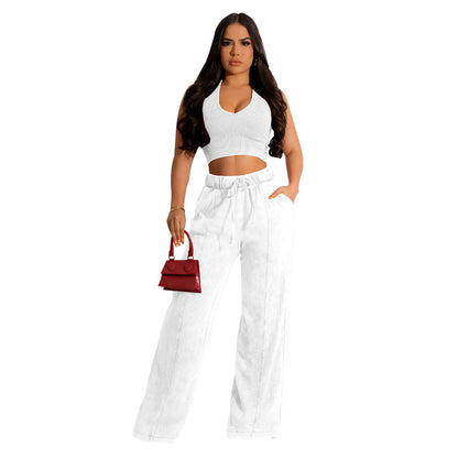 Fashion Women's Sleeveless Blouse Elastic Waist Wide Leg Pants Suit