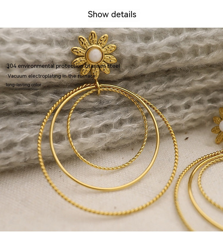 18K Gold Titanium Steel Multi-layer Circle Flower Earrings