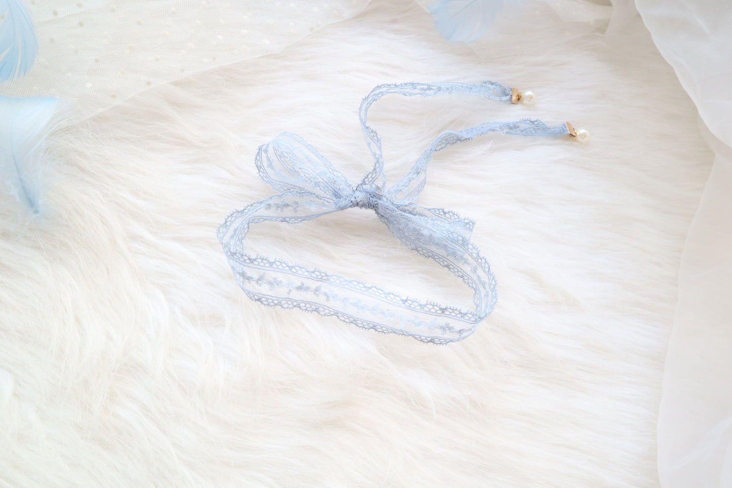 Sweet Accessory Gray Blue Lace Ribbon Pearl Choker Necklace