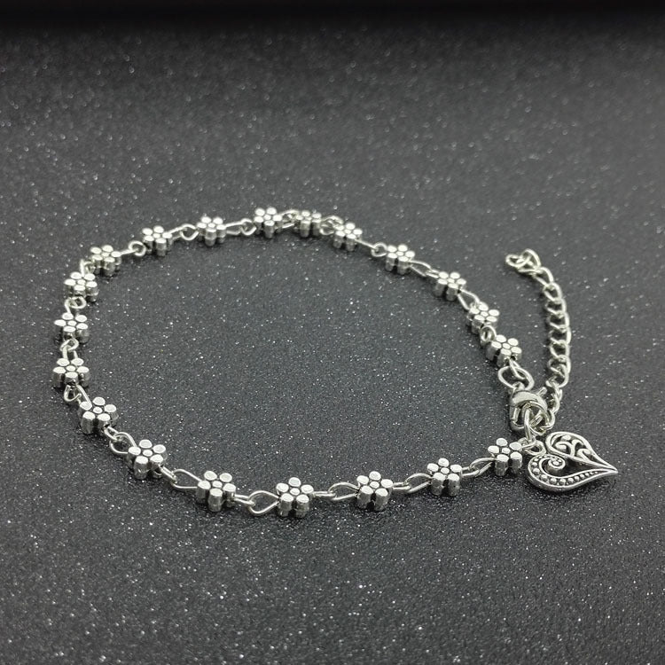 Tibetan Silver Hollow Plum Blossom Foot Ornaments Heart-shaped Anklet