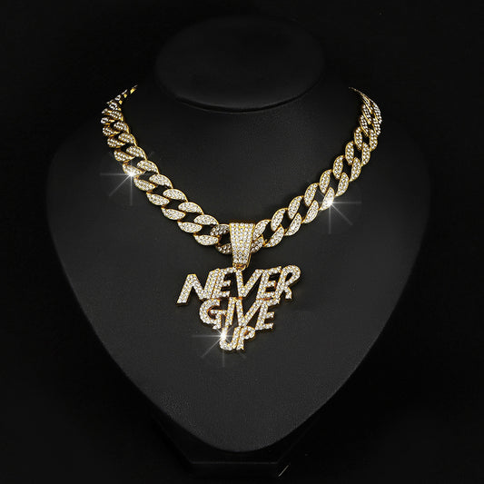 Alloy Letter NEVE RGIVE UP Pendant Full Diamond Necklace