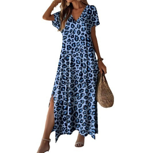 European And American Leisure Loose Printed V-neck Short Sleeve Dress