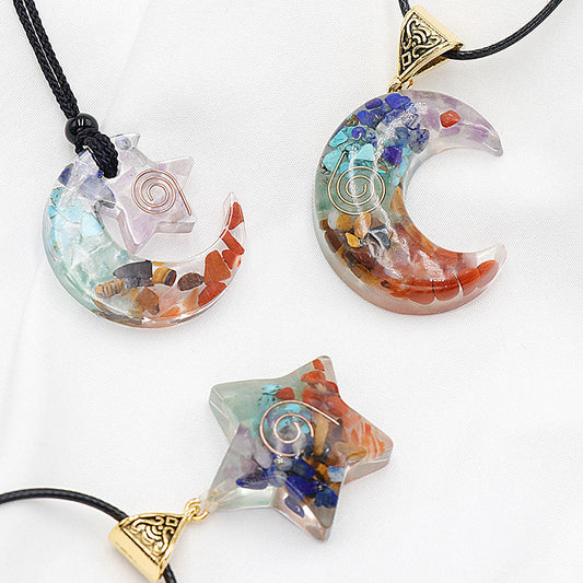 Natural Crystal Gemstone Epoxy Resin Carat Star Moon Necklace