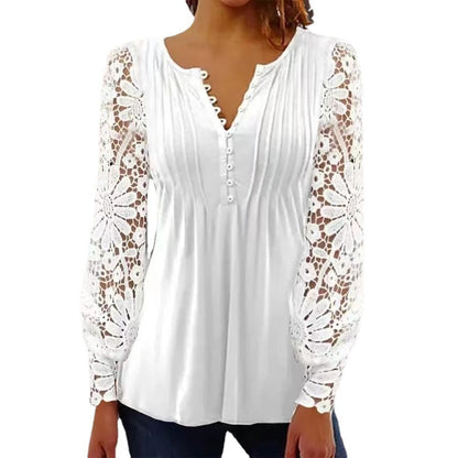 European And American Spring And Autumn Fashion Lace Lace Sleeve Pleated Solid Color Buttons T-shirt