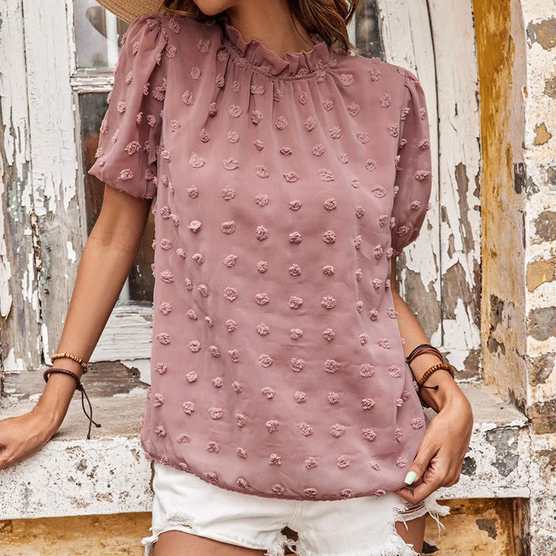 Women's Fashion Casual Short-sleeved Jacquard Chiffon Blouse Top