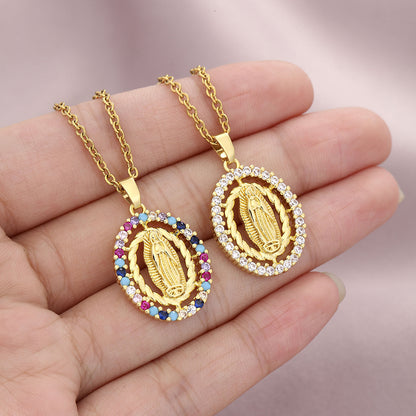 European And American Color Zircon Virgin Mary Pendant Necklace For Women