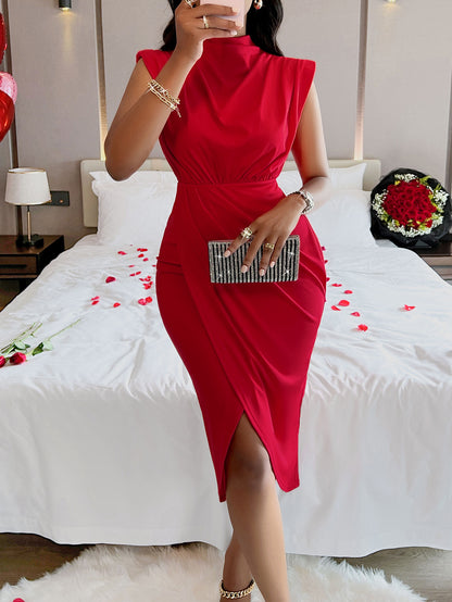 Sexy Style Solid Color Stand-up Collar Cinched Split Dress