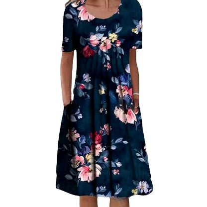 Printed Round Neck Short Sleeve Plus Size Printed Dress