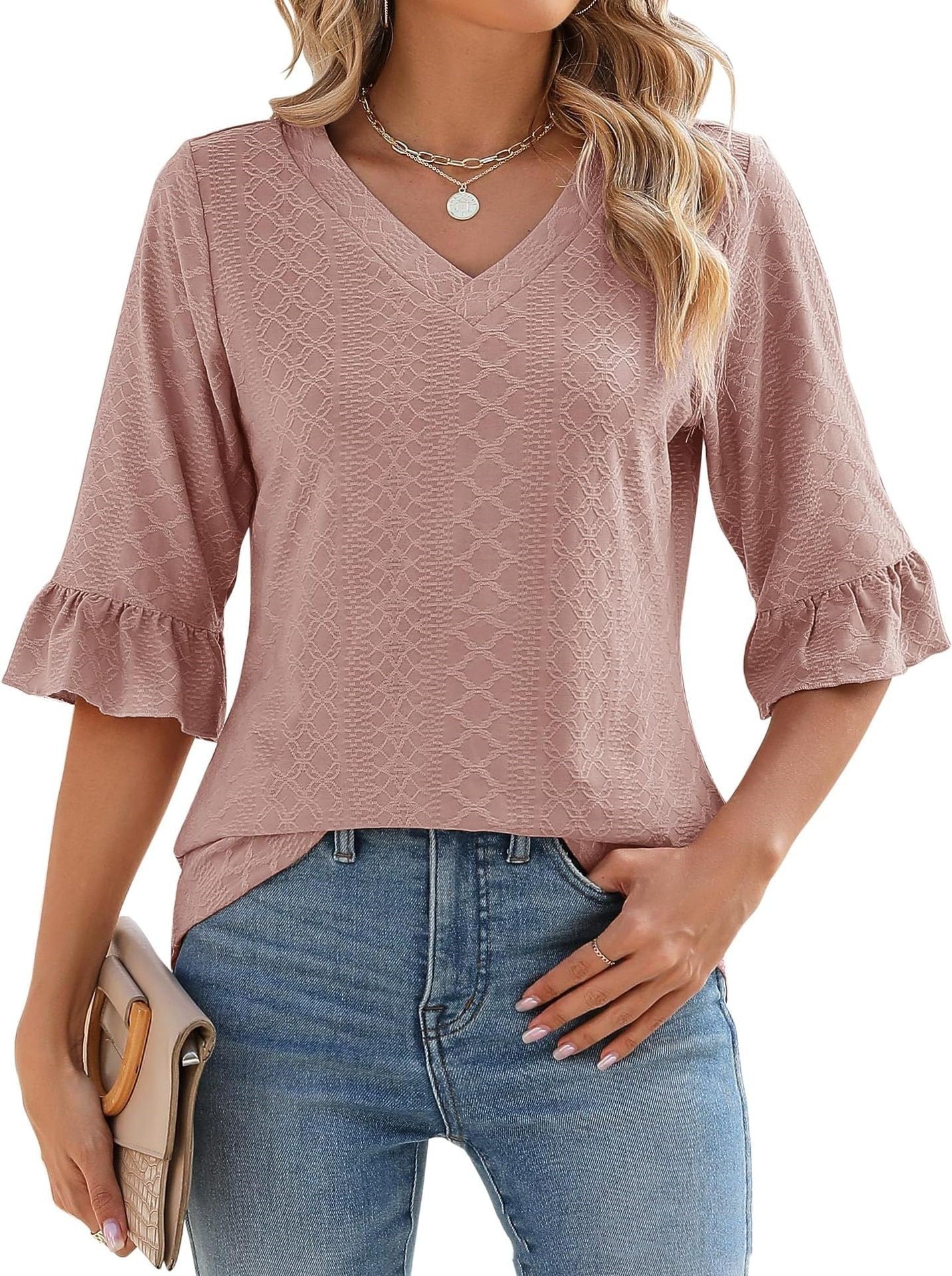 34 Flare Sleeve V-neck Casual Loose-fitting T-shirt Top Women