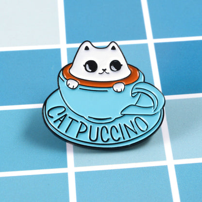 Pet Theme Coffee Shop Souvenir Blue Teacup Cute White Cat Coffee Brooch Badge