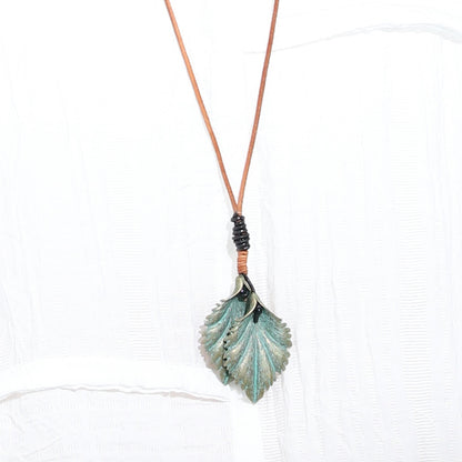 Retro Ethnic Style Green Leaves Long Cotton Linen Clothes Necklace