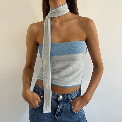 Off-shoulder Slim Fit Midriff-baring Colorblock All-matching Vest