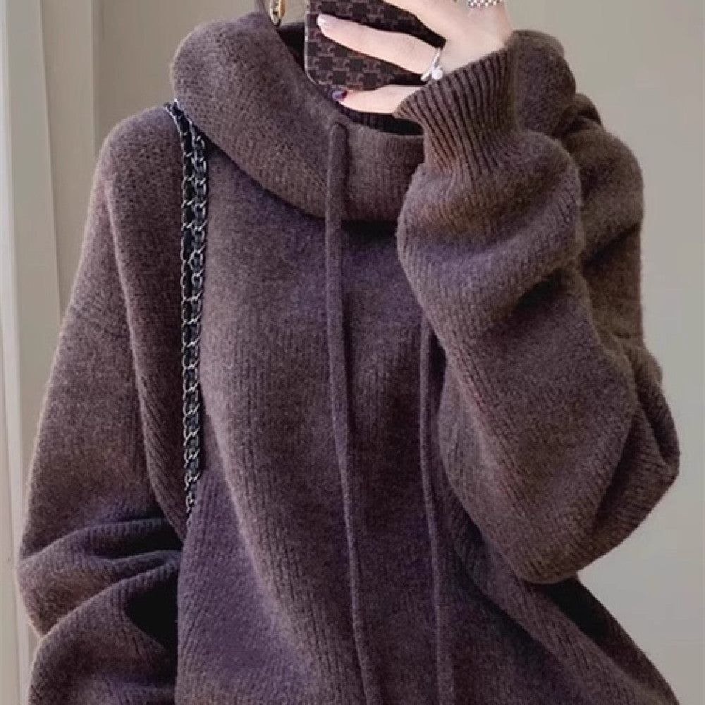 Hooded Solid Color Knitted Sweater