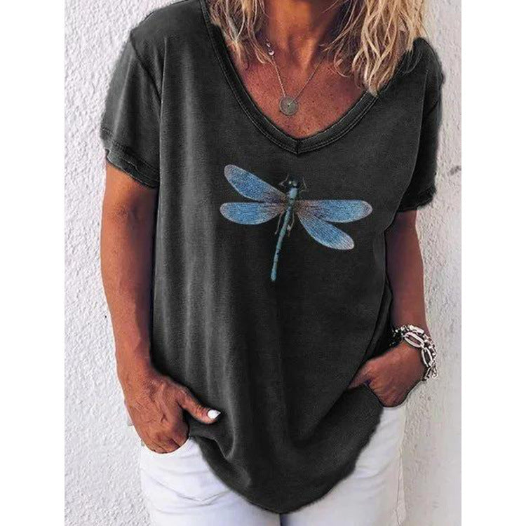 Dragonfly Printed V-neck Short Sleeve Women