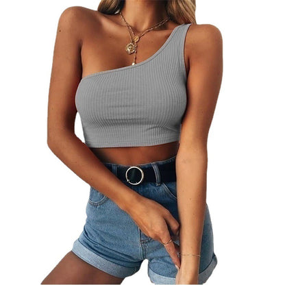 Women's Fashion Solid Color Low Cut Sleeveless Midriff-baring One Shoulder Halterneck Vest