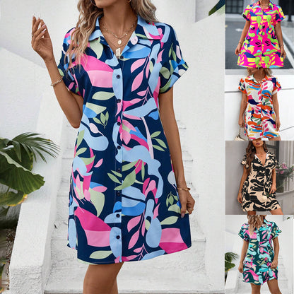 New Floral Print Short Sleeve Shirt Dress Summer Fashion Lapel Loose A-line Dresses For Womens Clothing