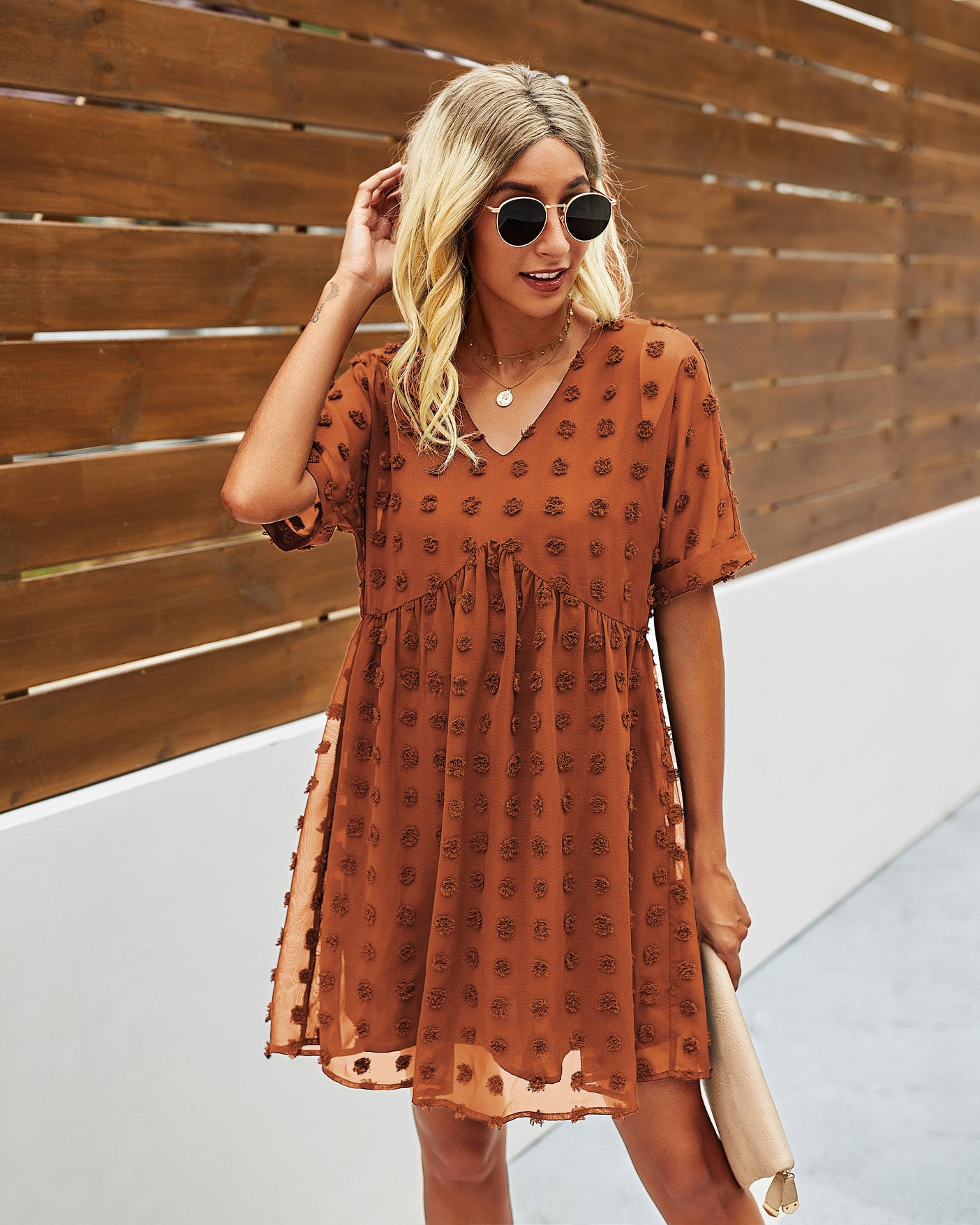 Solid Color Dotted Chiffon Little-girl Style Clothes Women's Dress