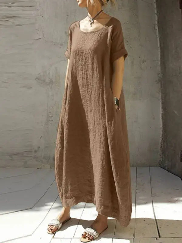 Women's Cotton And Linen Solid Color Round Neck Short Sleeves Waist Dress