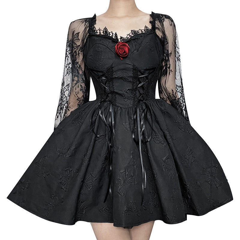 Dark Design Princess Slimming Three-dimensional Flower Lace Long Sleeve Temperament Dress